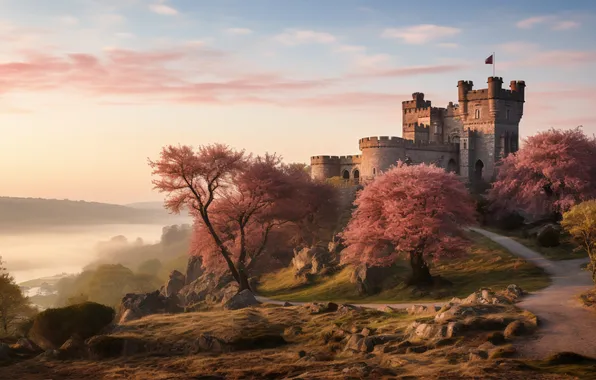 Landscape, castle, spring, architecture, landscape, pink, blossom, beautiful