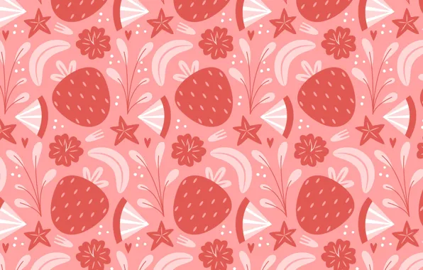 Flowers, berries, texture, strawberry, bananas, fruit, pink background, stars