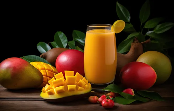 Glass, juice, fruit, mango, digital art, AI art, neural network, the art of artificial intelligence