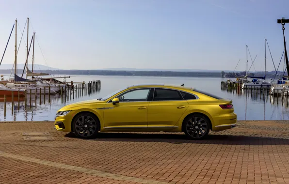 Yellow, pier, Volkswagen, profile, 2018, R-Line, liftback, 2017