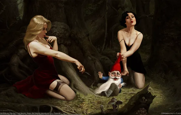 Forest, girls, mushrooms, stump, dwarf, snow white, scissors, Snow White and Rose Red