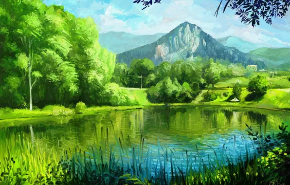Summer, grass, trees, mountains, nature, lake, art, painting