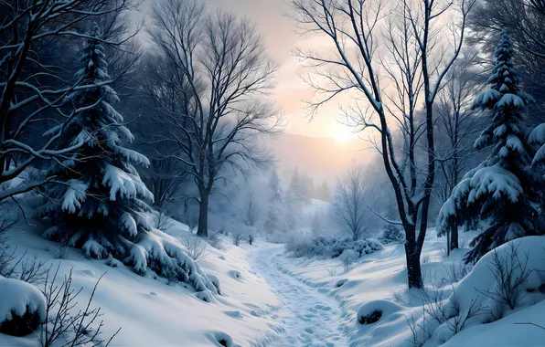 Winter, Trees, Snow, Dawn, Track, Digital art, AI art, The Art of Artificial Intelligence