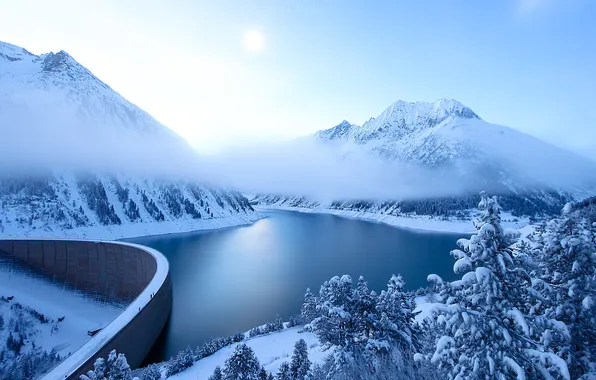 Winter, frost, forest, light, snow, mountains, bridge, nature