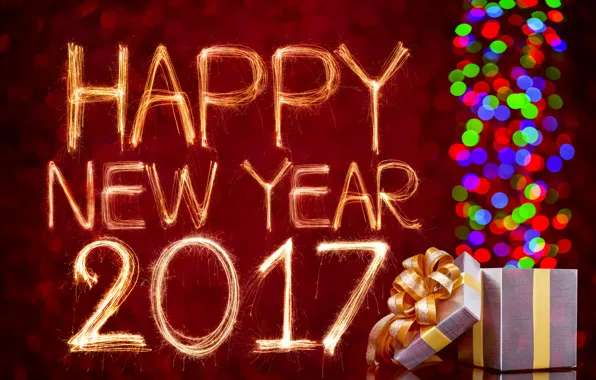 Picture new year, happy, bokeh, gift, fireworks, 2017