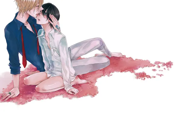 Anime, petals, art, white background, guys, Katekyo Hitman Reborn, Teacher mafia Reborn