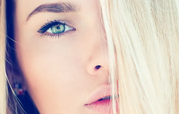 Look, girl, macro, eyelashes, hair, blonde, lips, earrings