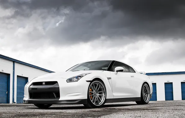 Picture white, the sky, composition, Nissan, white, GT-R, Nissan, the front part