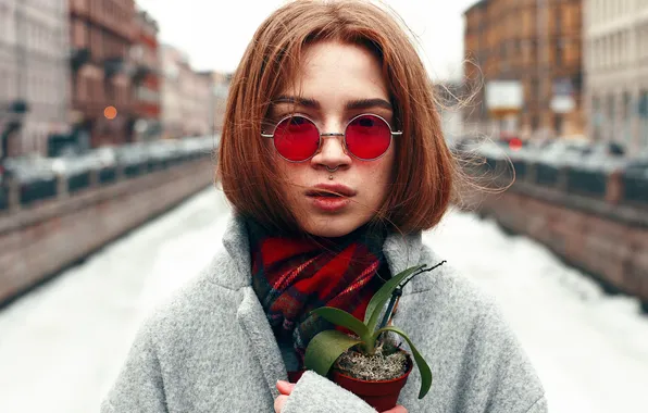 Picture girl, flowers, portrait, piercing, glasses, Roman Filippov