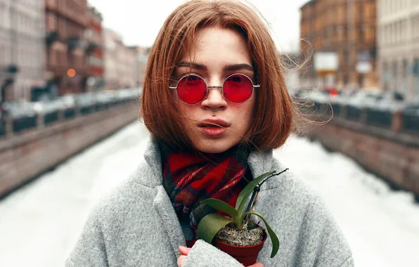 Flower, girl, portrait, piercing, glasses, Roman Filippov