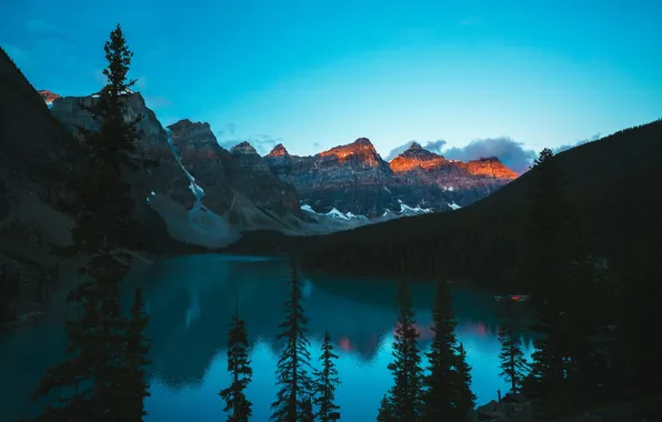 Forest, trees, sunset, mountains, lake, the evening, Banff National Park, Alberta