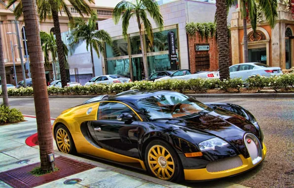 Picture Bugatti, Veyron, supercar, Black, Street, Yellow
