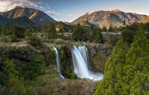 Forest, trees, mountains, stream, stones, rocks, waterfall, Chile