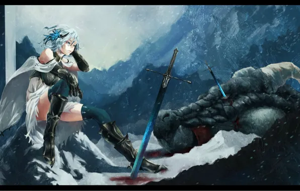 Picture snow, mountains, blood, dragon, Girl, sword, head, armor