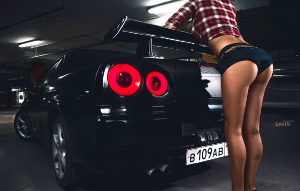 Car, auto, ass, look, girl, pose, black, lights