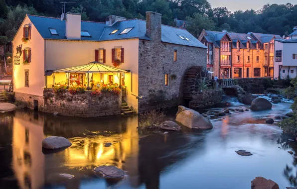 Trees, lights, stones, France, home, the evening, cafe, river