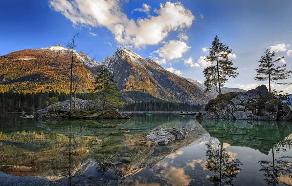 Forest, the sky, clouds, trees, mountains, river, stones, boats