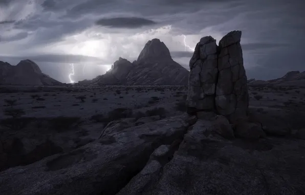 The sky, mountains, rocks