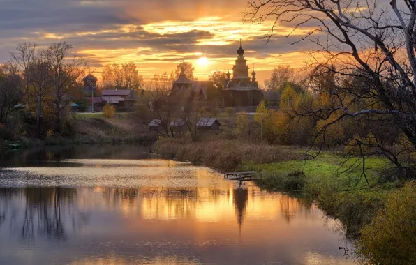 Autumn, the sun, landscape, nature, the city, Church, Suzdal, river