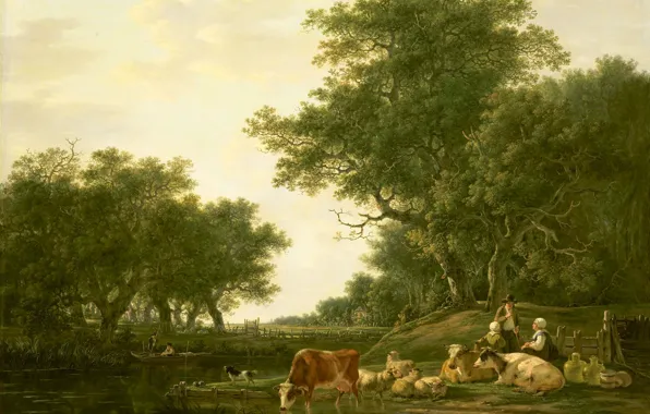 Picture trees, oil, picture, Jacob van stry, Landscape with Peasants, with Cattle and Fisherman on the …
