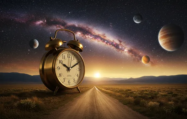 Road, field, the sun, space, stars, sunset, mountains, night