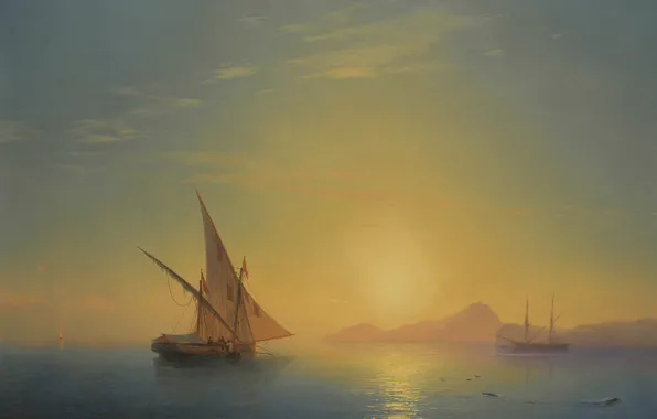 Boat, picture, sail, seascape, 1857, Ivan Aivazovsky, Sunset over the Island of Ischia