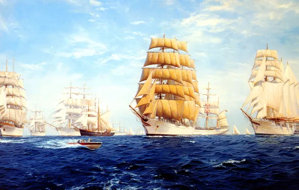 Picture sea, wave, the sky, clouds, ship, sailboat, parade, J. Steven Dews