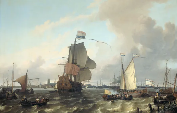Picture, seascape, Ludolf Bakhuizen, The warship Brielle on the Maas River in Rotterdam