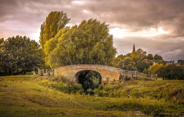 Summer, the sky, grass, clouds, trees, bridge, shore, arch