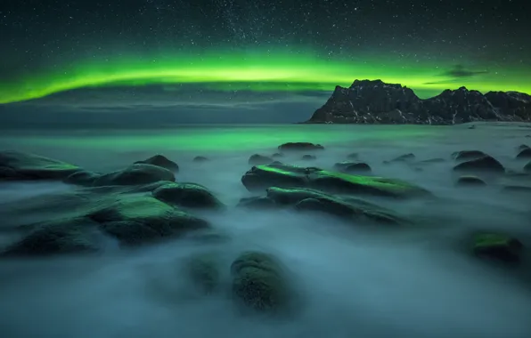 Picture sea, landscape, nature, stones, stars, Northern lights, Norway, The Lofoten Islands