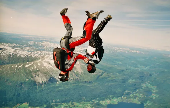 The sky, clouds, mountains, valley, parachute, container, skydivers, parachuting