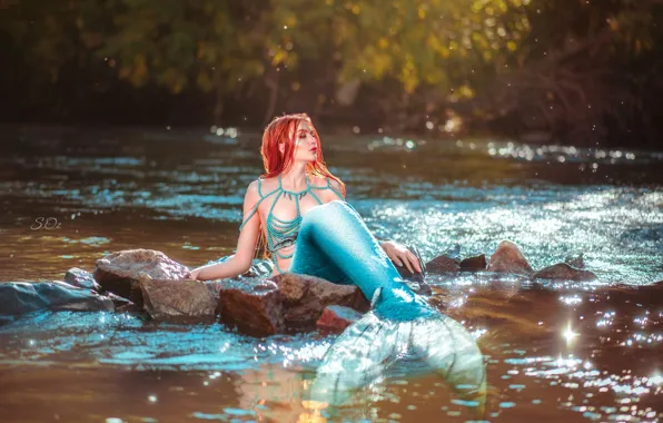 Picture girl, pose, river, stones, mermaid, tail, beads, red