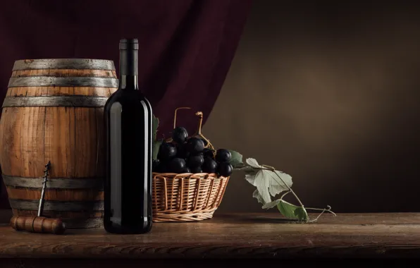 Picture wine, bottle, grapes, corkscrew, barrel