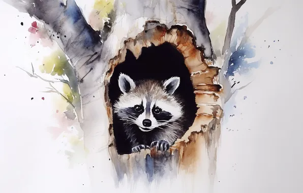 Look, tree, watercolor, raccoon, white background, painting, face, the hollow