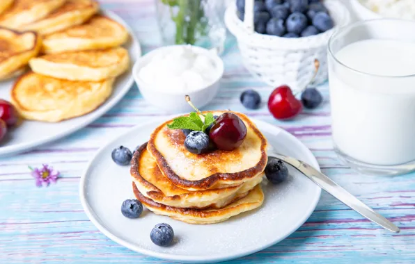 Cherry, berries, Breakfast, milk, pancakes