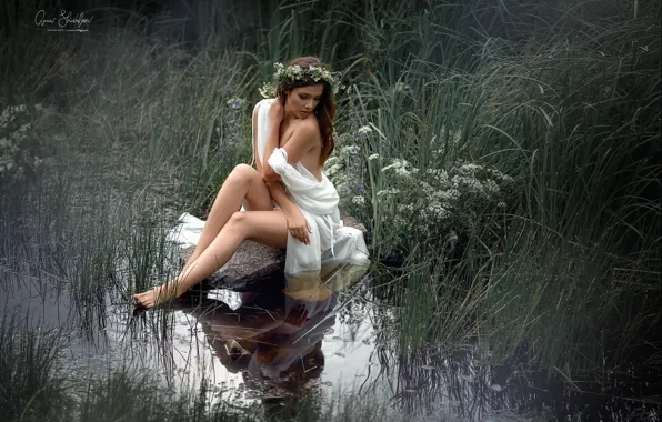 Girl, legs, wreath, the water, Anna Shuvalova, ɐнɔɐdʞǝdu qнεиЖ