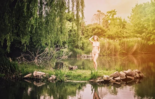 Chest, girl, the sun, trees, pose, model, naked, body