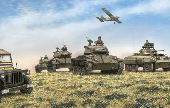 Field, the sky, art, jeep, the plane, tanks, troops, armored car
