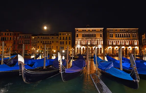 The sky, night, lights, the moon, home, boats, channel, Parking