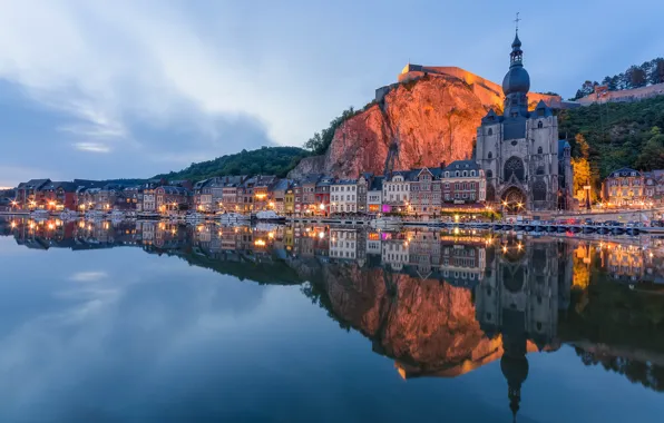 Lights, reflection, river, the evening, Belgium, Dinant, River Meuse