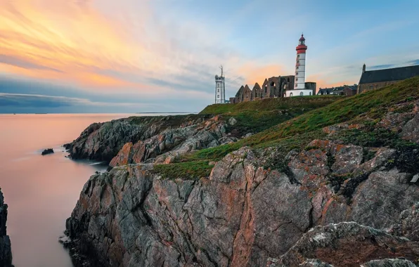 Picture sea, the sky, stones, dawn, coast, France, lighthouse, horizon