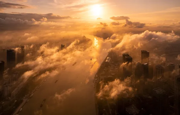The sky, the sun, clouds, sunset, the city, fog, river, dawn