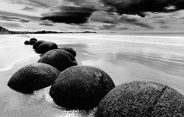 Sand, water, clouds, stones