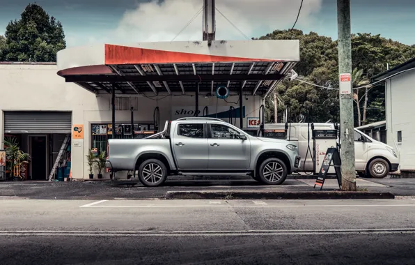 Mercedes-Benz, side view, pickup, 2018, Gas stations, X-Class, gray-silver
