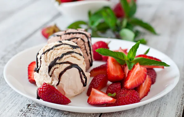 Balls, berries, chocolate, strawberry, plate, ice cream, mint, dessert
