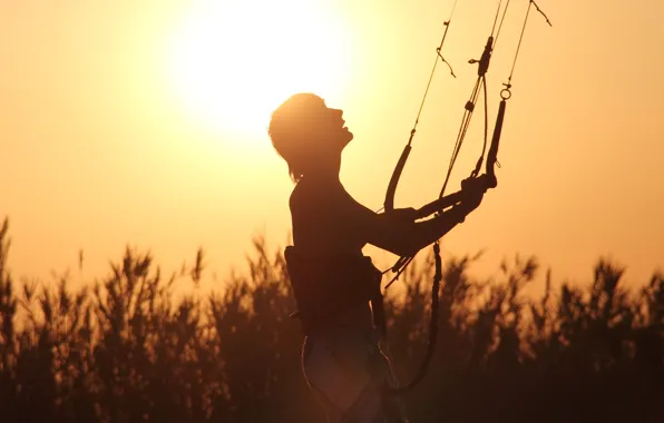 The sun, shadow, silhouette, parachute, male, guy