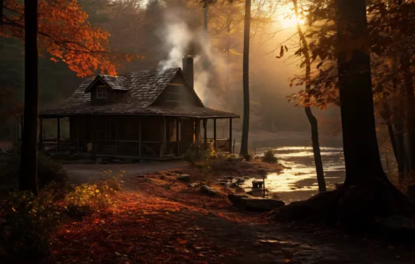 Autumn, forest, the sun, light, trees, fog, house, Park