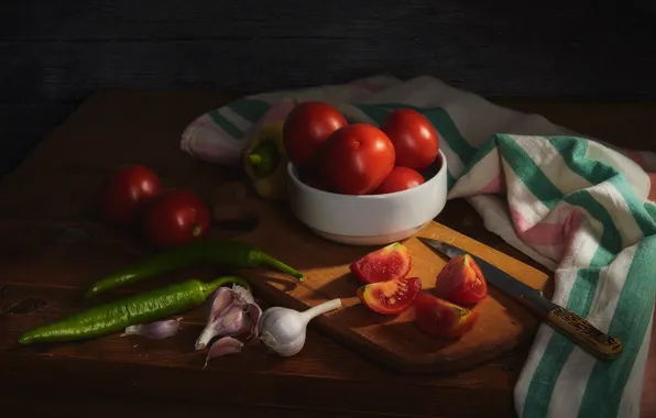 Green, the dark background, table, towel, knife, pepper, still life, sharp