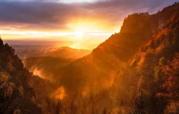 Picture autumn, the sky, the sun, clouds, trees, sunset, mountains, clouds