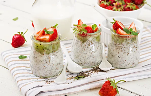 Breakfast, strawberry, jars, spoon, pudding, Chia, Timolina